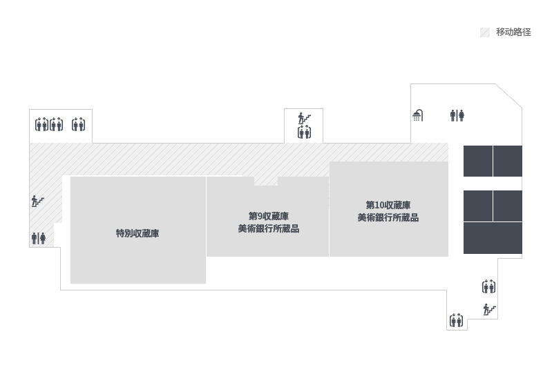 4층에는 특별수장고(국립현대미술관 소장품)가  있습니다. 3층 입구쪽 엘리베이터를 통해서 4층으로 이동하여 엘리베이터를 내리면 맞은편에 비상계단, 화장실이 있습니다. 엘리베이터 오른편 공간으로 이동하면 제일 처음특별수장고가 나오면 계속 직진을 하면 9수장고, 10수장고가 나옵니다. 건물 끝편에는 재료보관실, 약품보관실, 공동실험실, 보존실험실, 사진보존처리실이 있습니다.